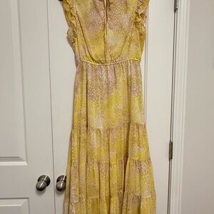 BB Dakota Yellow Floral Midi Dress with Soft Pink Accents